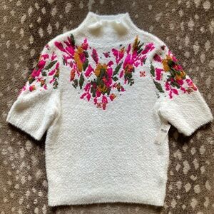 Anthropologie Floral Knit Sweater with Pink and Green Accents